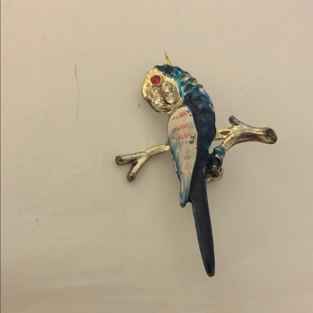Vintage Parrot Brooch with Blue and White Enamel